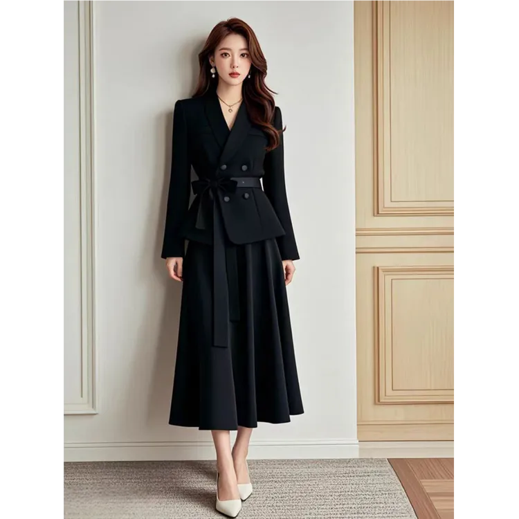 2025春秋季女装时尚轻熟风韩版气质女神范黑色西装知性套装半身裙
