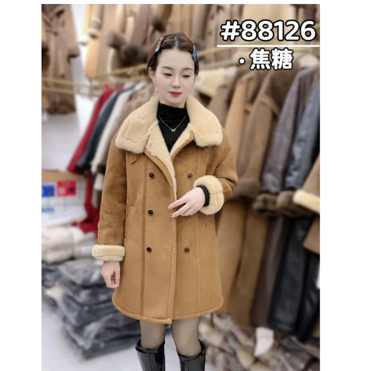 88126韩版ins风时尚双排扣加厚保暖皮毛一体中长款外套