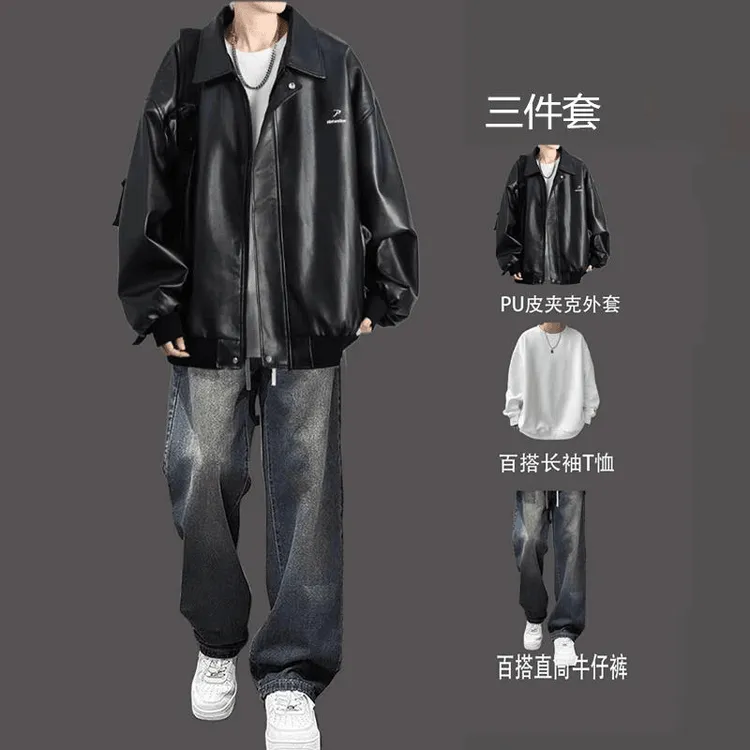 秋冬高级感皮衣夹克男士2025新款美式潮牌男生痞帅夹克三件套加绒