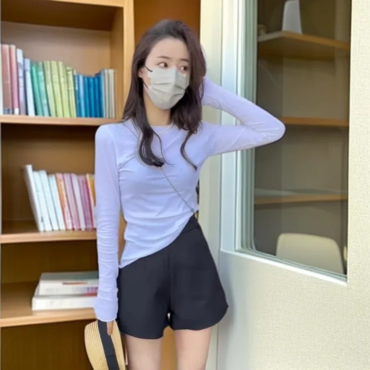 松弛感简约上衣薄款微透长袖T恤女夏季韩系修身打底衫白色罩衫