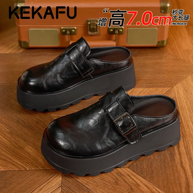 珂卡芙黑色包头半拖鞋2025秋季新款外穿内增高厚底复古勃肯鞋女款