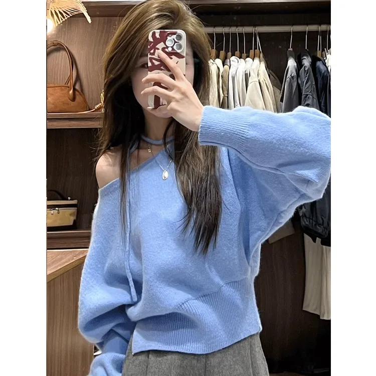 韩系露肩针织衫女2025新款春秋慵懒风斜肩系带洋气显瘦长袖上衣女