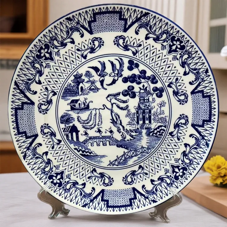 3只装10.5英寸欧式复古青花瓷盘陶瓷釉下彩手工手绘平盘大盘鸡
