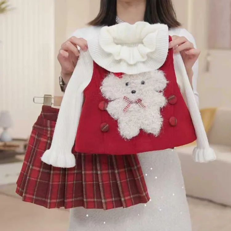 【蔷薇】女童秋冬夹棉马甲三件套加绒裙子毛衣套装休闲女孩D17649