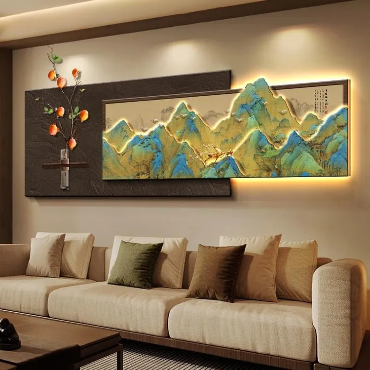 千里江山图客厅装饰画高级感沙发背景墙挂画新中式茶室山水壁画