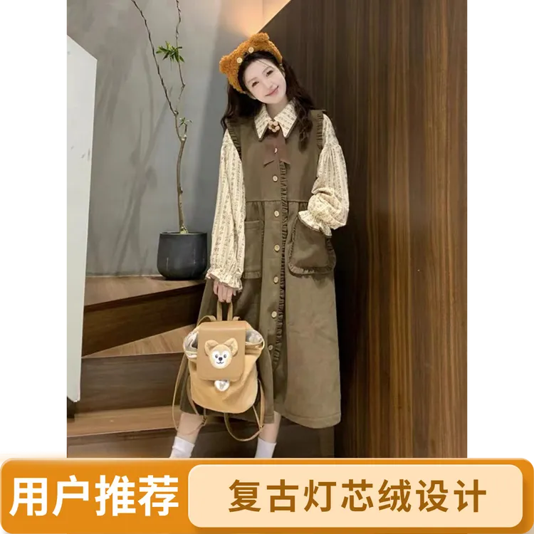 宽松腰做旧日式秋季慵懒风灯芯绒连衣裙宽松显瘦泡泡袖衬衣两件套