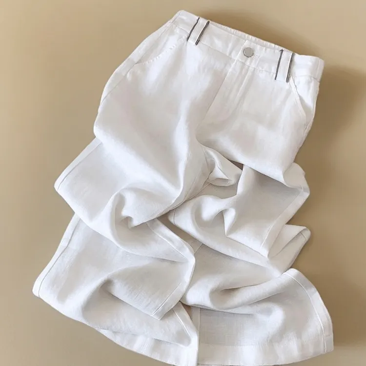 简约人字纹天丝亚麻休闲气质直筒裤女裤松紧高腰裤子女宽松阔腿裤