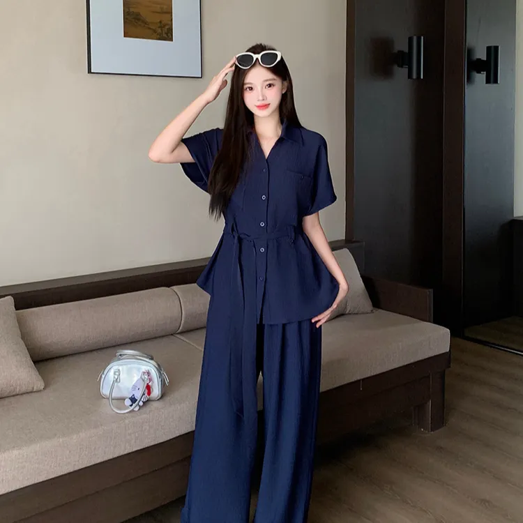 【泥美专属】胖mm大码女优雅气质绑带收腰衬衫上衣阔腿裤套装22348