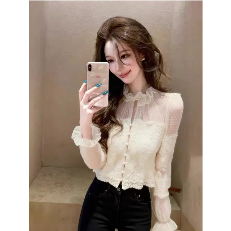法式纯欲辣妹蕾丝打底衬衫女设计感网纱拼接修身长袖上衣