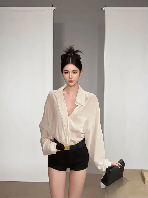 2025春夏新款微透辣妹风薄款长袖衬衫宽松休闲口袋衬衣百搭短裤女