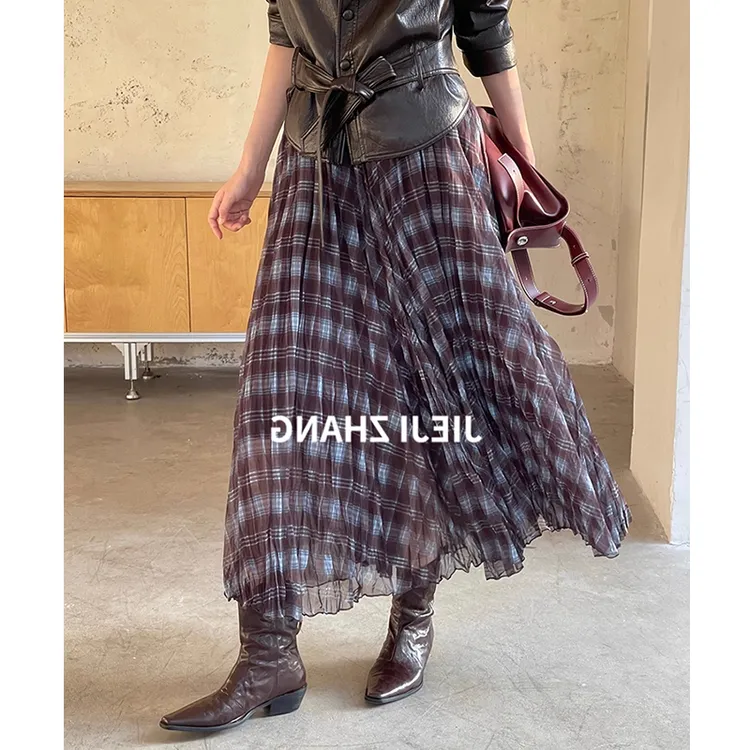 不规则复古拼色格纹半身裙女2025新款秋冬显瘦高腰半裙百褶a字裙