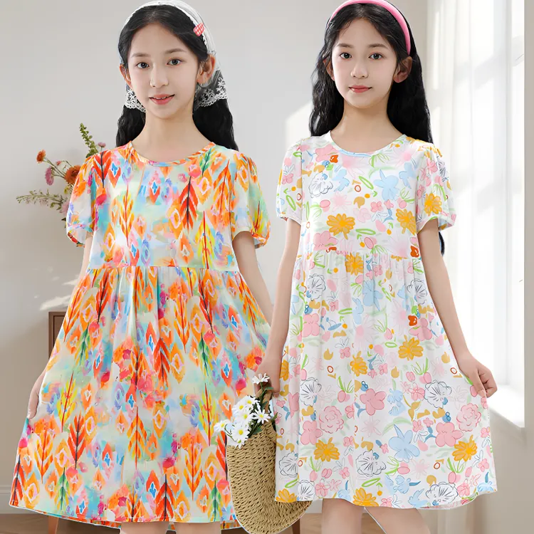 女童连衣裙子棉绸儿童睡衣夏季薄款女孩居家服女童睡裙夏款6-12岁