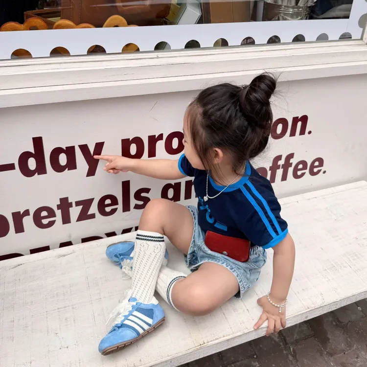 壹妈女童洋气时髦套装2025夏装新款运动风蓝色短袖T恤牛仔短裤潮