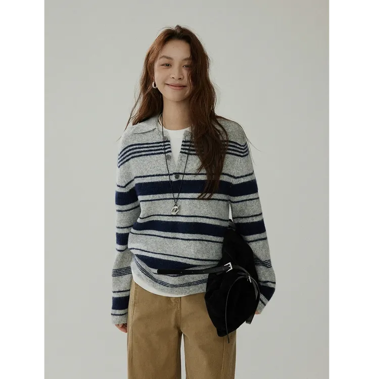 法式复古老钱风撞色条纹翻领针织衫女秋冬高级感休闲百搭长袖毛衣