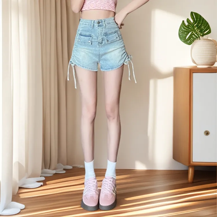 抽褶系带牛仔短裤女显瘦小个辣妹高腰夏季薄款韩版修身时尚M2067