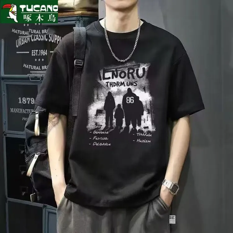 啄木鸟重磅纯棉男士落肩韩版宽松大码短袖休闲百搭潮流半袖t恤