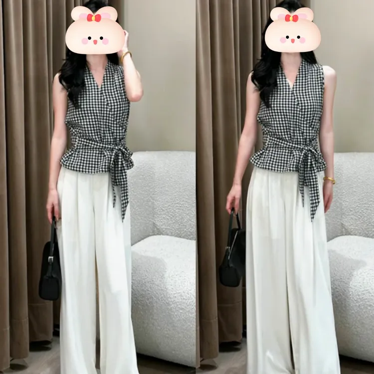 【设计感格子】夏季绑带格子背心V领衬衫女收腰显瘦上衣裤子套装