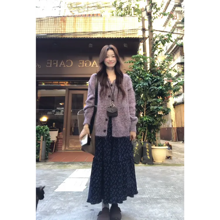 MARIE.COCO韩系氛围感紫色毛衣外套针织开衫上衣碎花半身裙两件套