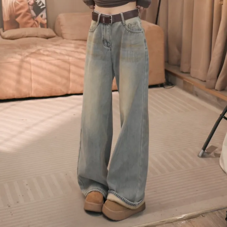 秋冬新款高腰垂感显瘦直筒阔腿做旧加绒牛仔裤LK2507801