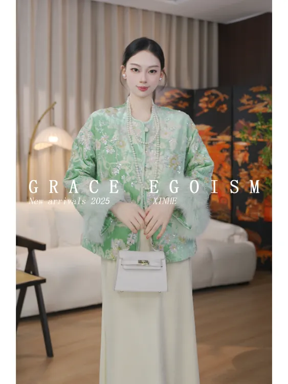 金禾【黛染琼华】原创冬款国风真丝钉珠刺绣袖口狐狸毛羽绒服3817