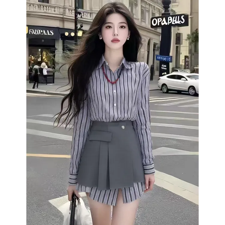 条纹辣妹衬衫性感小众半身裙女两件套甜美小清新显瘦氛围感新款