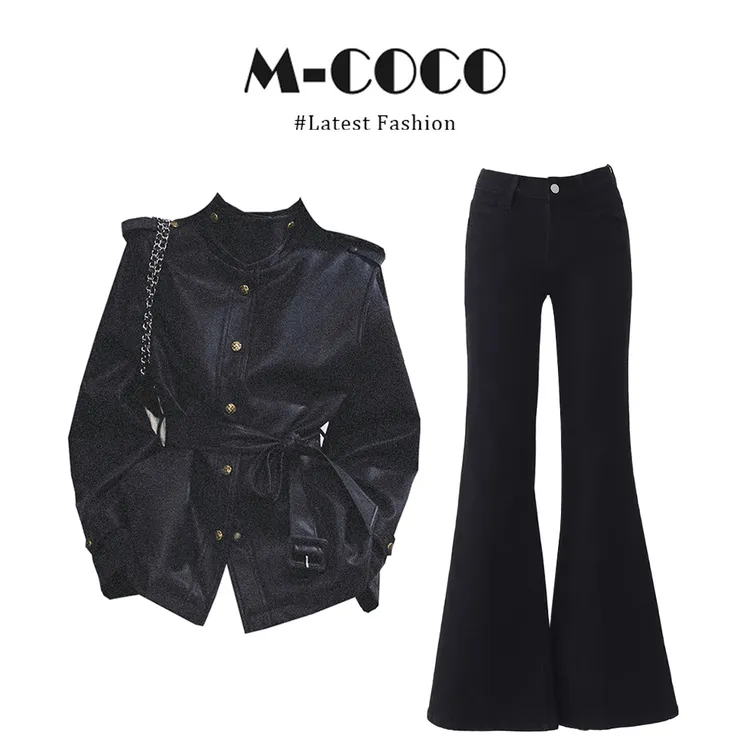 MARIE.COCO酷飒风pu皮衣外套女2025冬季宽松穿搭微喇裤显瘦两件套