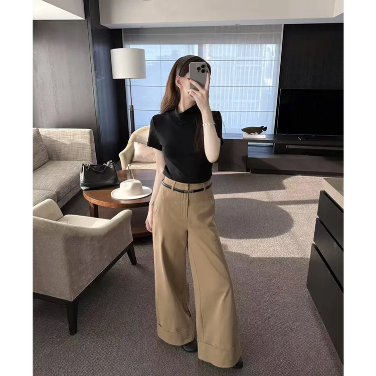 韩版宽松显瘦卷边直筒裤女早秋新款轻熟气质高腰垂感百搭休闲裤