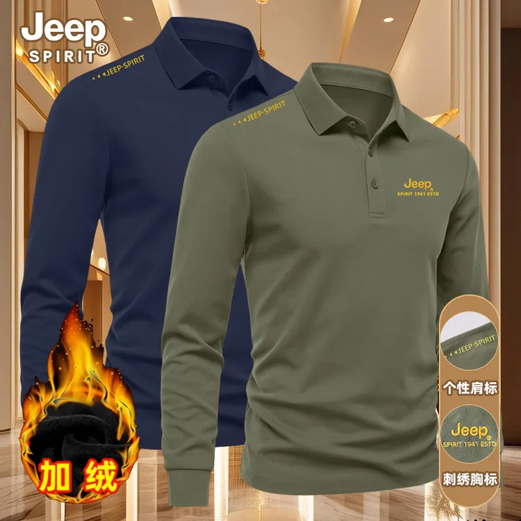 JEEP SPIRIT刺绣polo衫男秋冬季加绒加厚翻领长袖T恤商务休闲男装