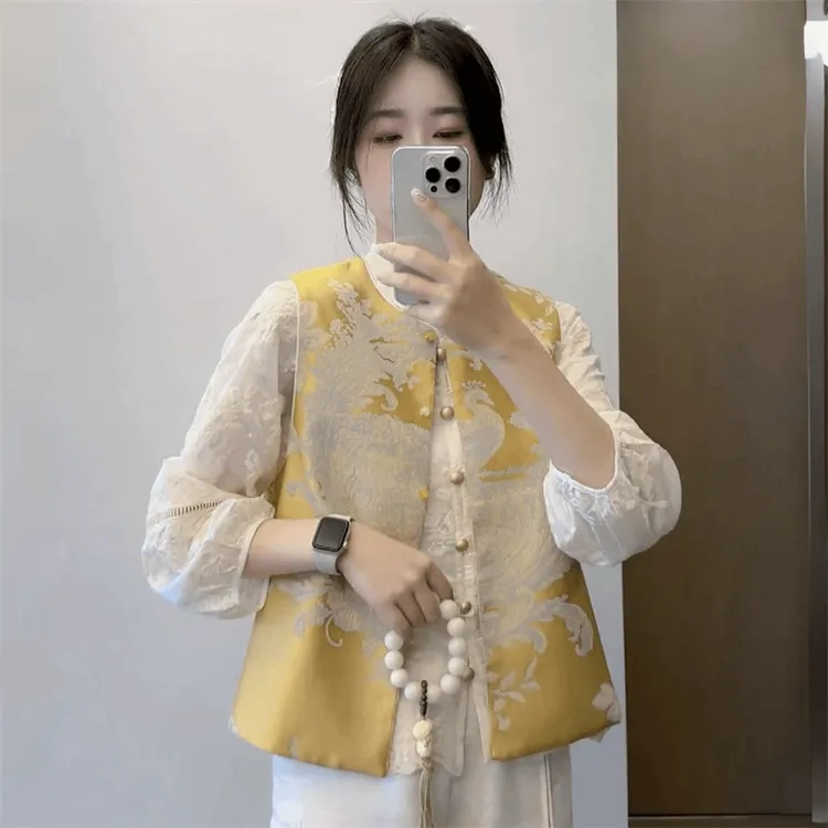 新中式国风刺绣两面穿马夹外套女2025秋新款重工复古坎肩马甲衬衫