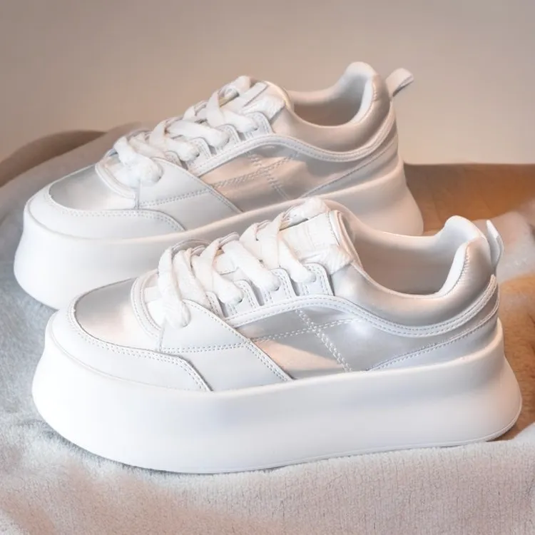 淳启2025春夏新款绸缎面大头面包鞋潮牌学院风轻便厚底小白板鞋子