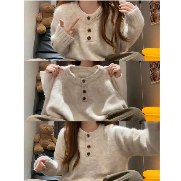 【大码】5090慵懒风外穿圆领毛衣开衫设计感纽扣小众气质针织衫