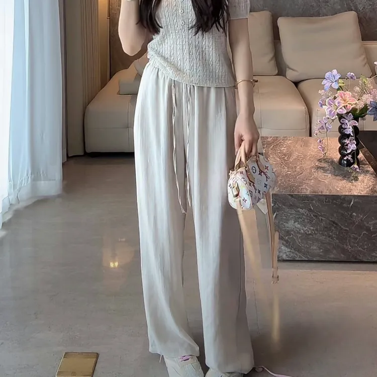 设计感显瘦纯色直筒裤女2025夏季新款宽松松紧高腰休闲阔腿裤