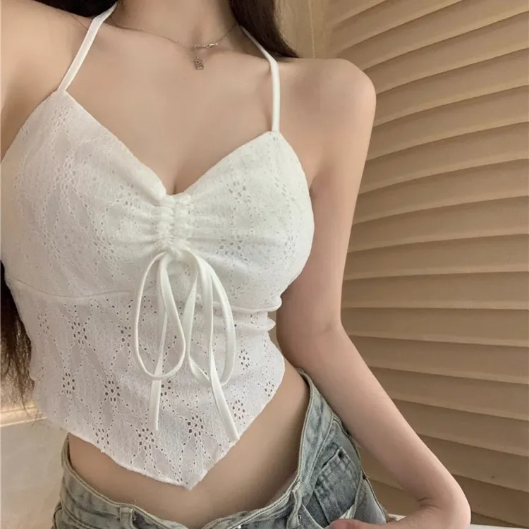 甜辣妹设计感白色挂脖v领小吊带背心女夏季短款外穿内搭无袖上衣