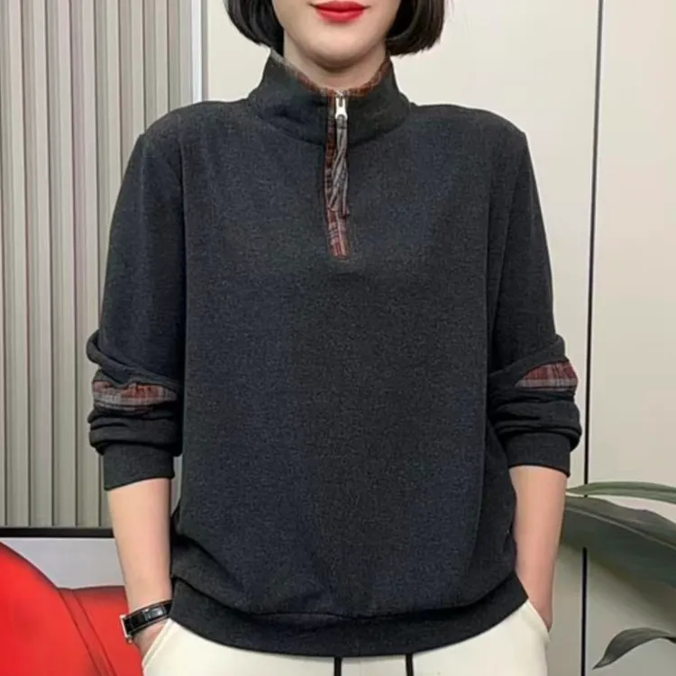 2025冬季新款双面绒格子拼接半拉链气质百搭显瘦长袖保暖打底上衣
