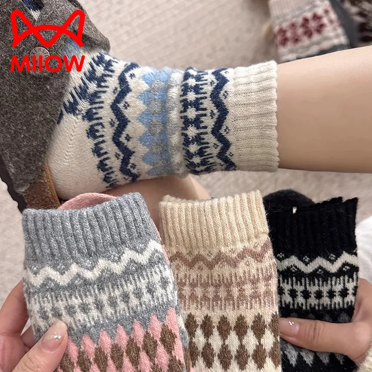 MiiOW/猫人费尔岛袜子女复古女秋冬女士民族风文艺中筒堆堆袜长款