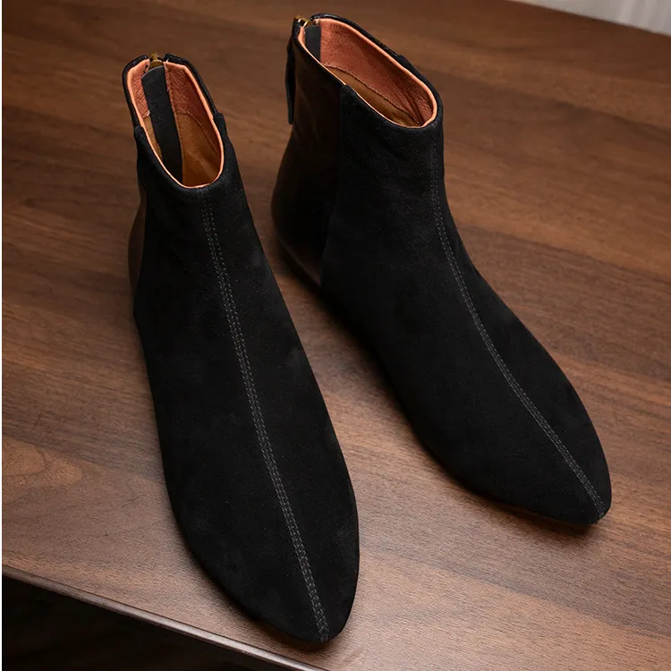 【断码清仓】韩版复古短靴女2025新款气质羊皮短筒瘦瘦靴尖头马丁靴