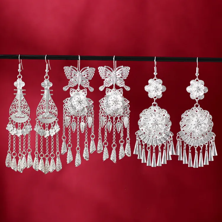 合金耳饰 新中式国风花丝蝴蝶银色耳环民族风小众复古长款流苏女