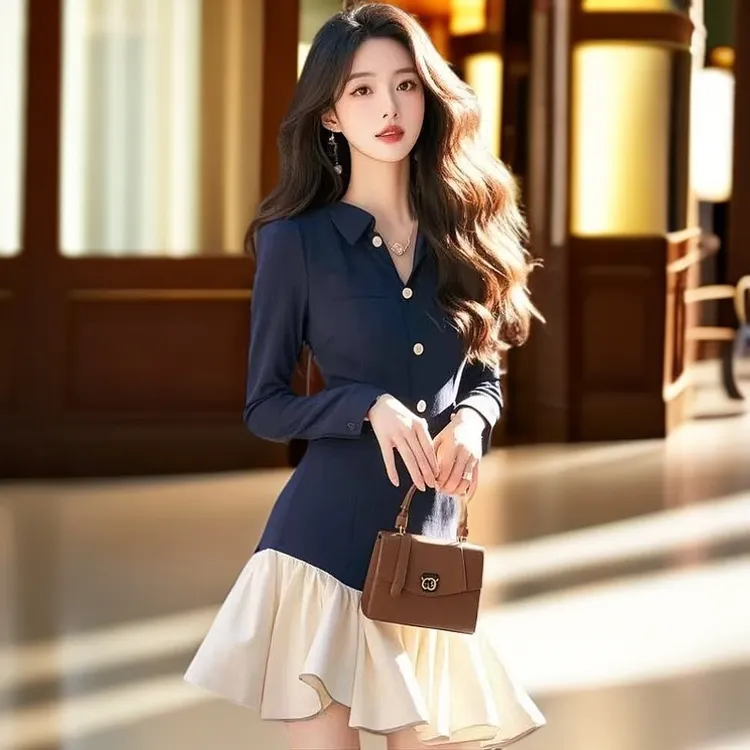 法式富家千金风蓝色衬衫拼接连衣裙女春季新款冷淡系独特别致裙子