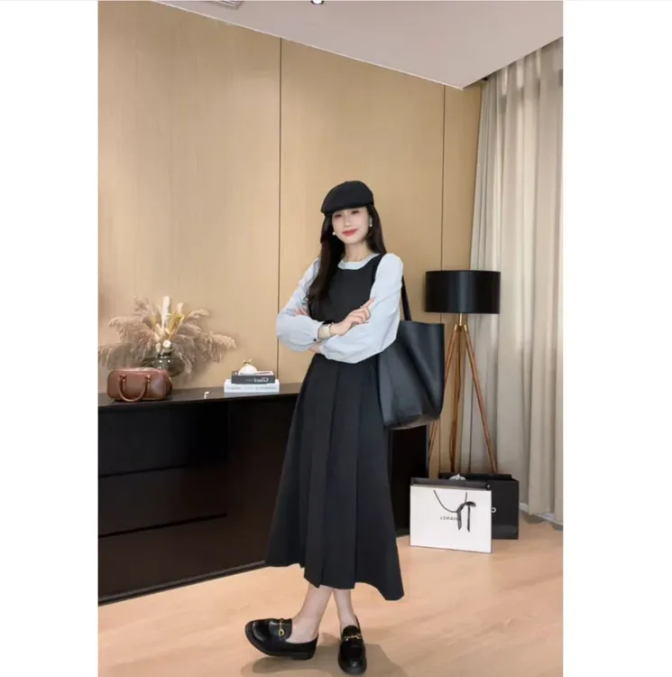 灰色假两件长袖连衣裙女2025新款早秋御姐穿搭名媛气质轻熟风长裙