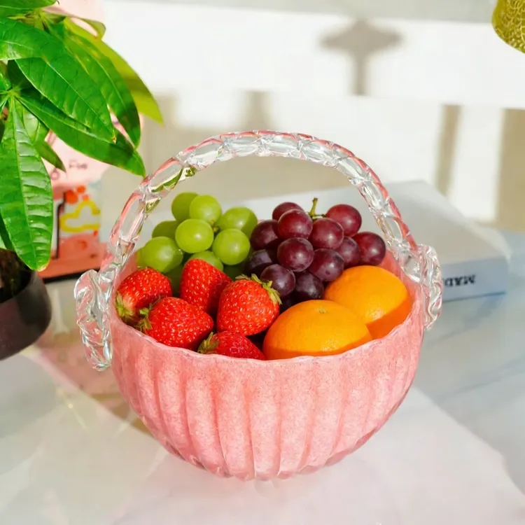 中古风琉璃提篮少女粉圆形提篮水培器皿鲜花花瓶桌面装饰摆件