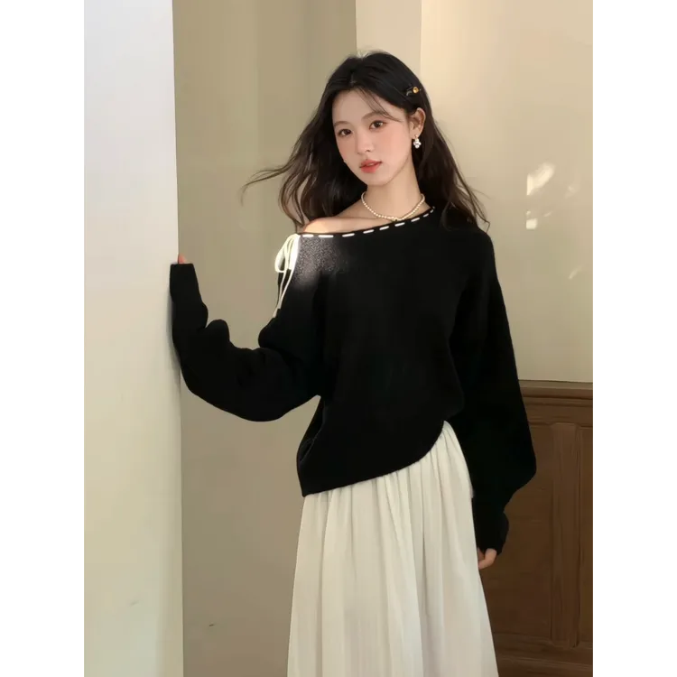 鹿向南【曼哈顿晨曦】秋季新款韩系时尚蝴蝶结系带毛衣半裙套装女