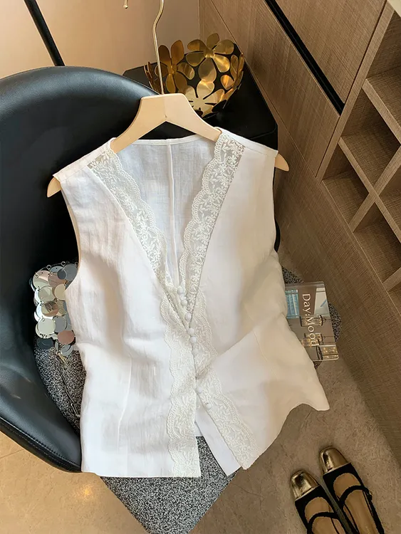 老钱风法式时尚拼接v领流行背心女2025年夏季新款高级感无袖上衣