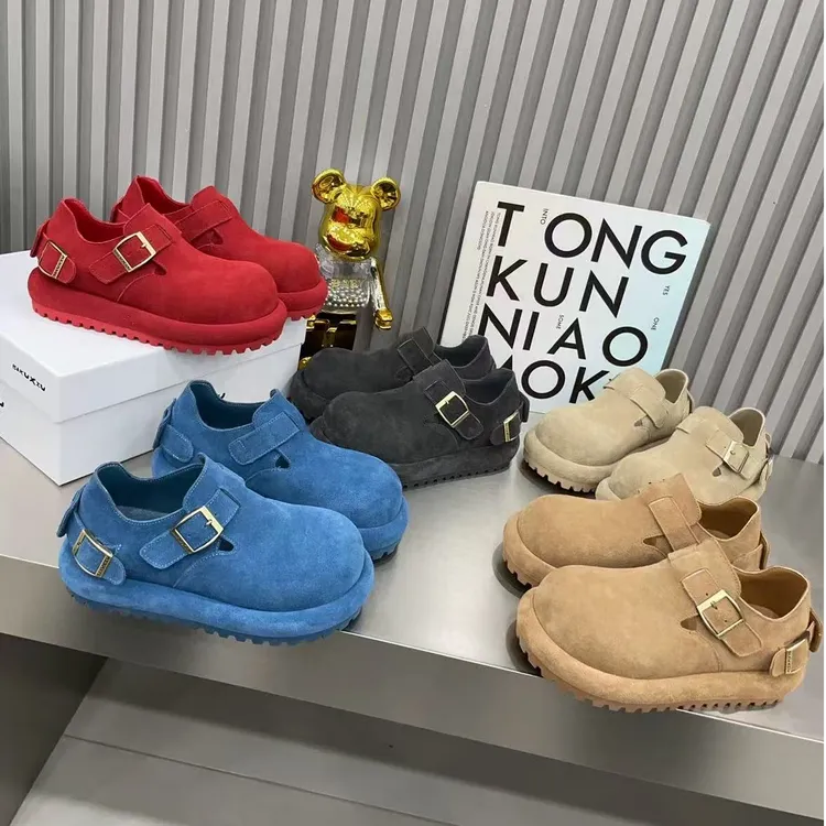 明星同款磨砂皮厚底鞋增高百搭皮带扣大头勃肯鞋女款2025新款爆款