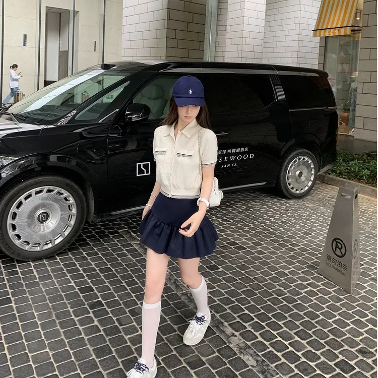 miu系学院风polo衫短袖针织衫女2025夏季新款修身显瘦短袖上衣