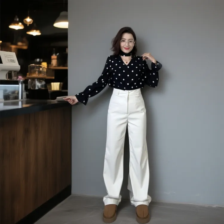 高腰直筒皮裤加长版显瘦显高