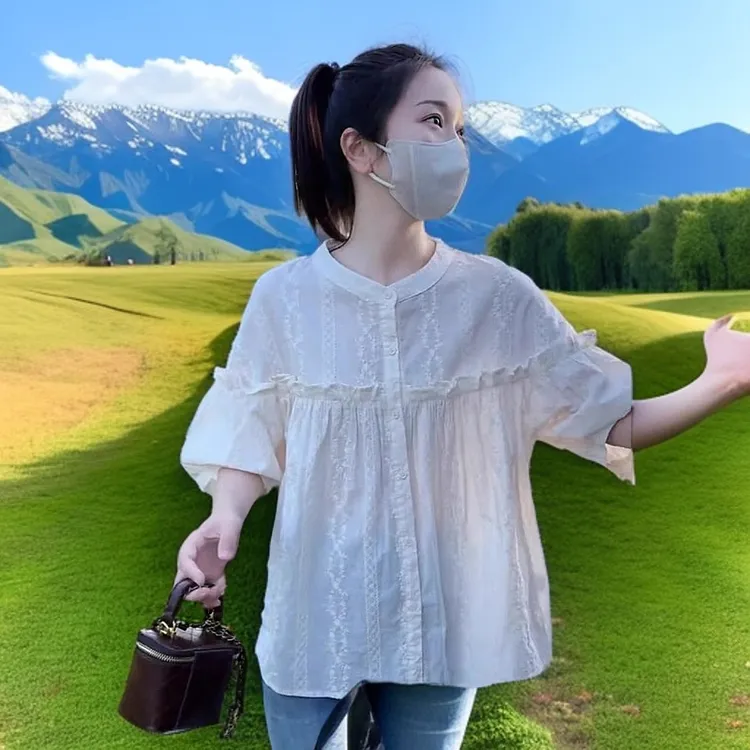 轻奢气场强大女装圆领上衣别致娃娃衫衬衫今年流行遮肚子小衫洋气