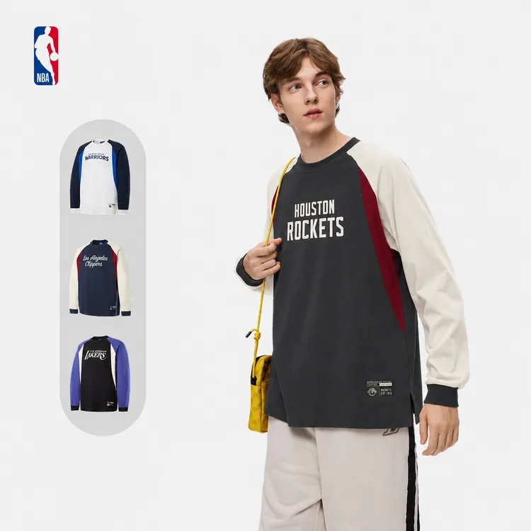 NBA官方勇士/湖人/火箭美式潮流撞色拼接男女同款F1赛车风长袖T恤