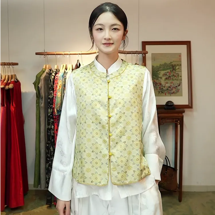 中国丝绸 桑蚕丝花萝定位印花宝花纹新中式小立领马甲马夹H951812