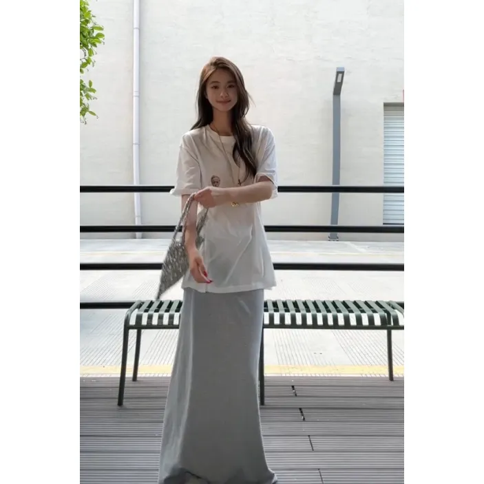 艺术雕塑前后印花宽松短袖T恤女显瘦夏季白色上衣半身裙套装潮