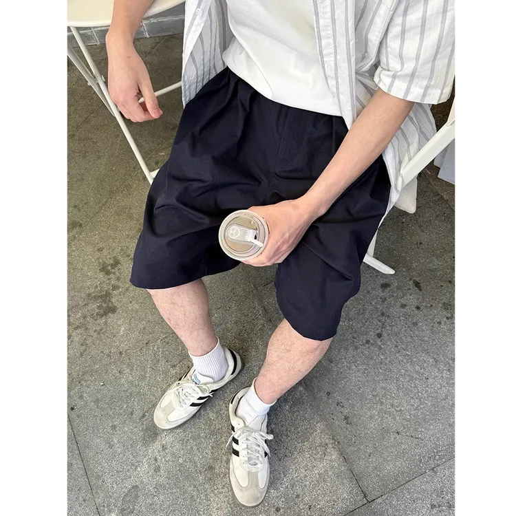 藏青休闲工装短裤夏季2025新款男生五分裤子宽松潮流简约纯色百搭